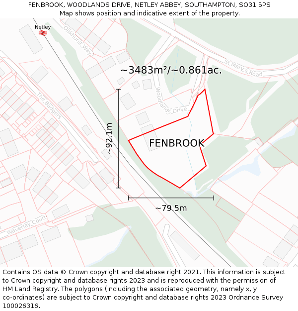 FENBROOK, WOODLANDS DRIVE, NETLEY ABBEY, SOUTHAMPTON, SO31 5PS: Plot and title map