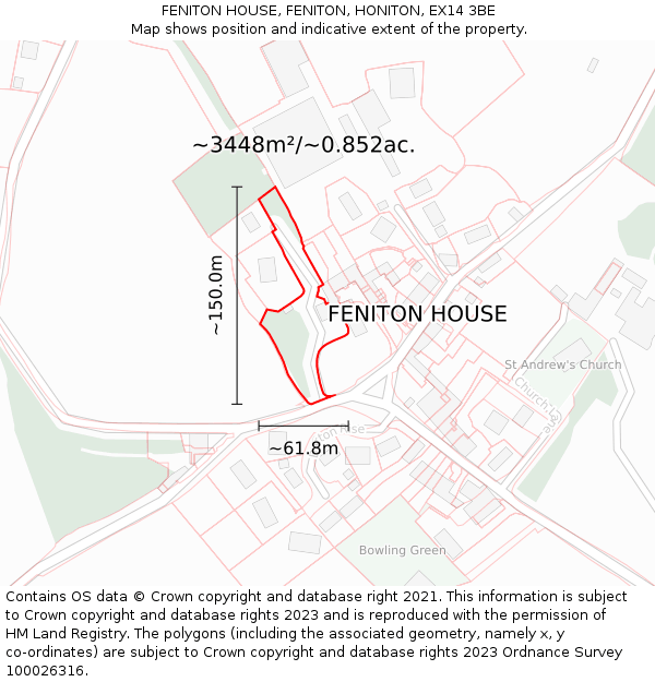 FENITON HOUSE, FENITON, HONITON, EX14 3BE: Plot and title map