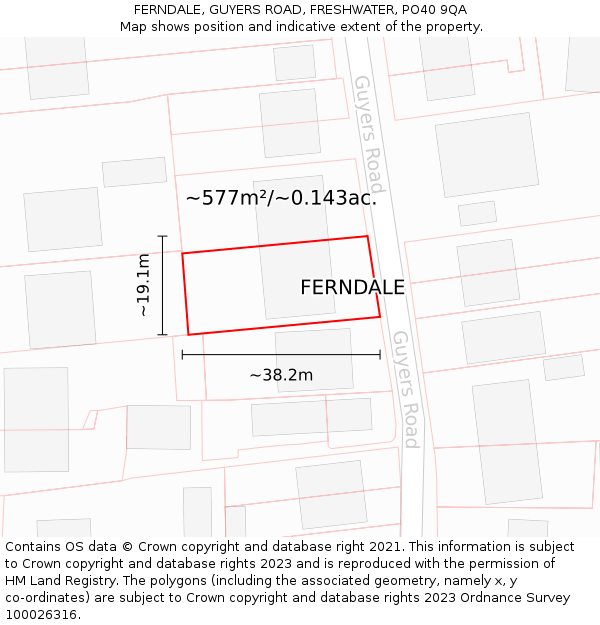 FERNDALE, GUYERS ROAD, FRESHWATER, PO40 9QA: Plot and title map