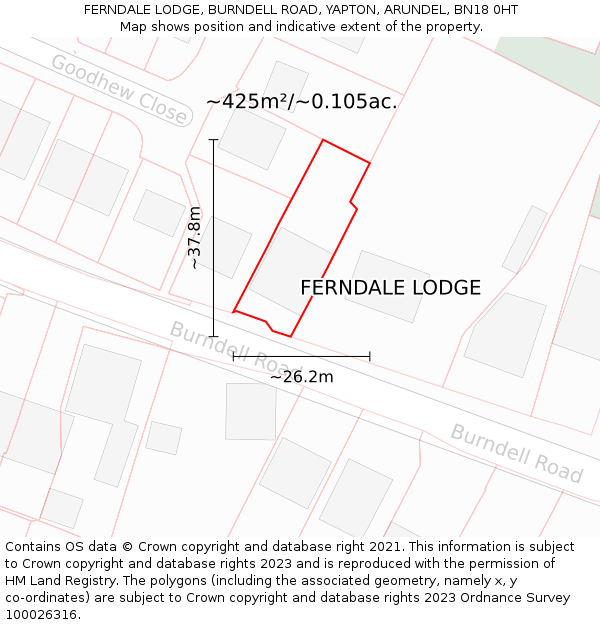 FERNDALE LODGE, BURNDELL ROAD, YAPTON, ARUNDEL, BN18 0HT: Plot and title map