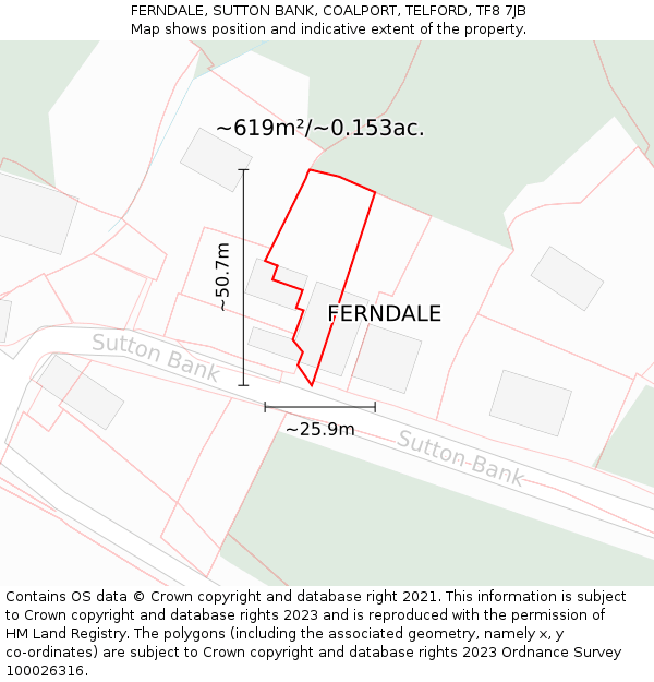 FERNDALE, SUTTON BANK, COALPORT, TELFORD, TF8 7JB: Plot and title map