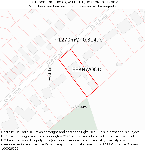 FERNWOOD, DRIFT ROAD, WHITEHILL, BORDON, GU35 9DZ: Plot and title map