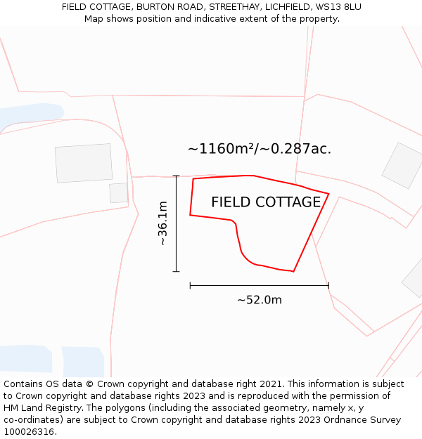 FIELD COTTAGE, BURTON ROAD, STREETHAY, LICHFIELD, WS13 8LU: Plot and title map