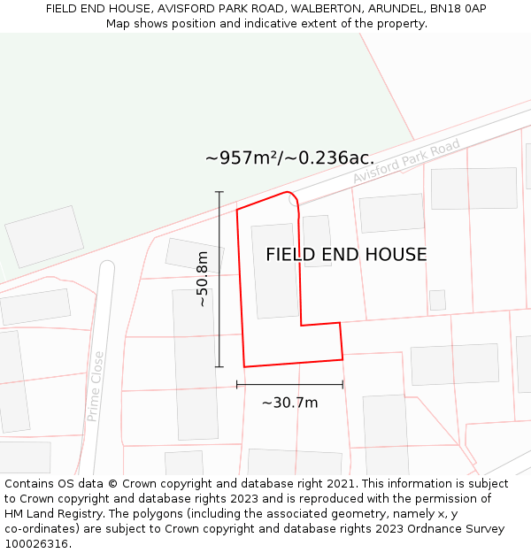 FIELD END HOUSE, AVISFORD PARK ROAD, WALBERTON, ARUNDEL, BN18 0AP: Plot and title map