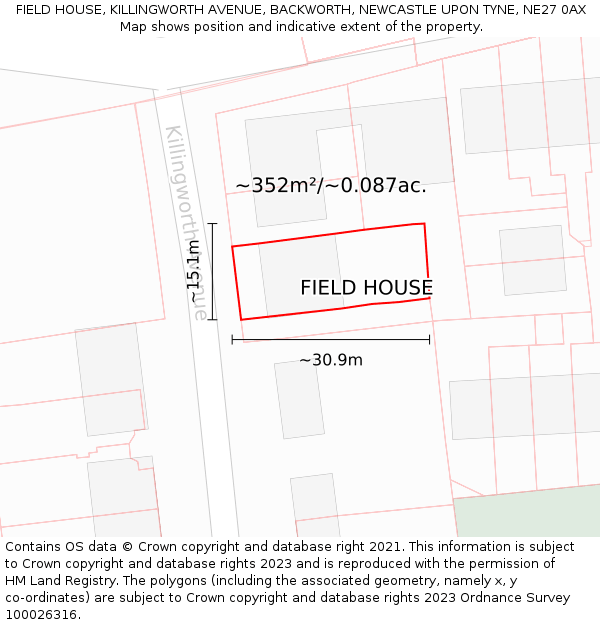 FIELD HOUSE, KILLINGWORTH AVENUE, BACKWORTH, NEWCASTLE UPON TYNE, NE27 0AX: Plot and title map