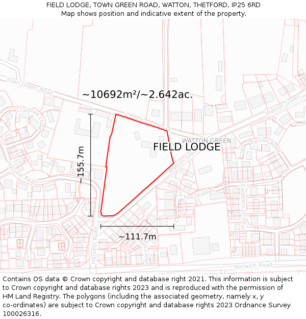 FIELD LODGE, TOWN GREEN ROAD, WATTON, THETFORD, IP25 6RD: Plot and title map