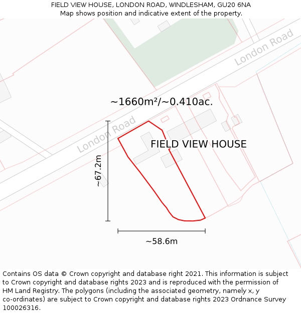 FIELD VIEW HOUSE, LONDON ROAD, WINDLESHAM, GU20 6NA: Plot and title map