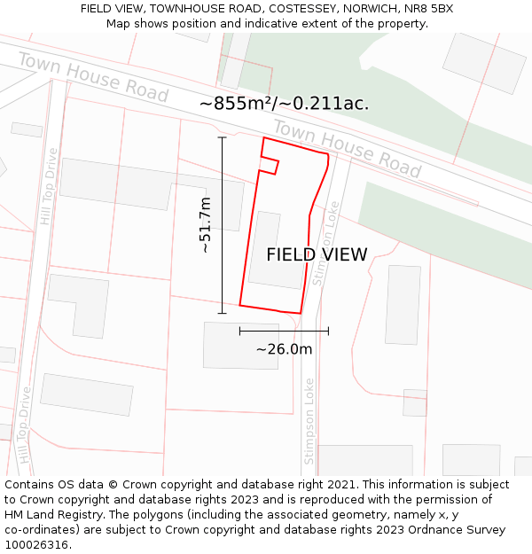 FIELD VIEW, TOWNHOUSE ROAD, COSTESSEY, NORWICH, NR8 5BX: Plot and title map