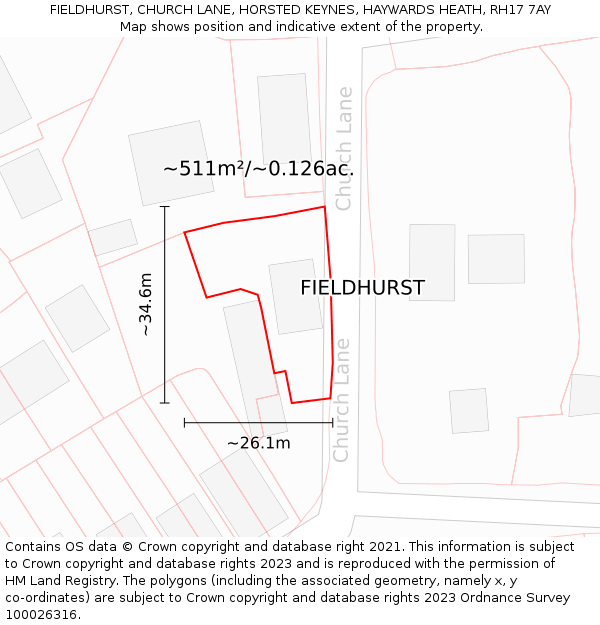 FIELDHURST, CHURCH LANE, HORSTED KEYNES, HAYWARDS HEATH, RH17 7AY: Plot and title map