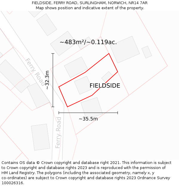 FIELDSIDE, FERRY ROAD, SURLINGHAM, NORWICH, NR14 7AR: Plot and title map