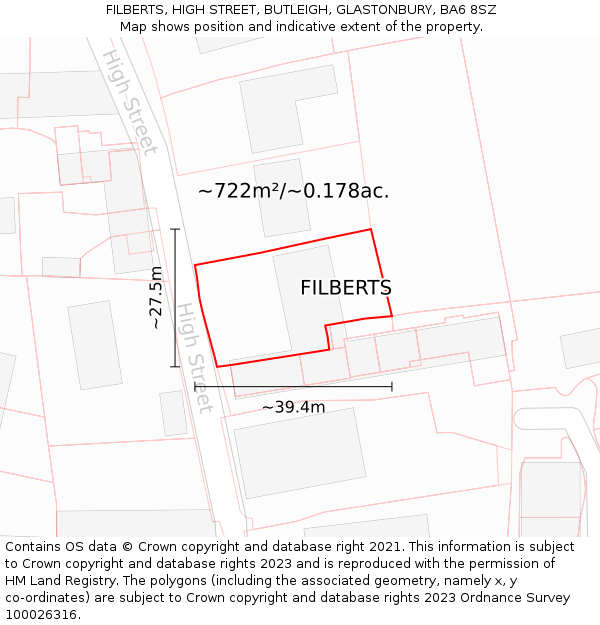 FILBERTS, HIGH STREET, BUTLEIGH, GLASTONBURY, BA6 8SZ: Plot and title map