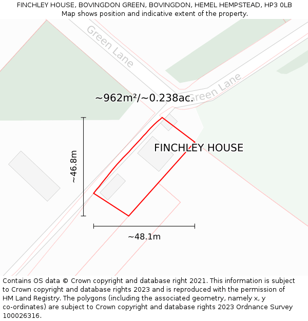 FINCHLEY HOUSE, BOVINGDON GREEN, BOVINGDON, HEMEL HEMPSTEAD, HP3 0LB: Plot and title map