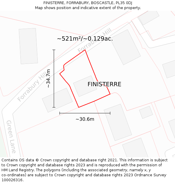 FINISTERRE, FORRABURY, BOSCASTLE, PL35 0DJ: Plot and title map