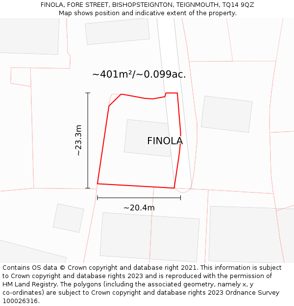 FINOLA, FORE STREET, BISHOPSTEIGNTON, TEIGNMOUTH, TQ14 9QZ: Plot and title map