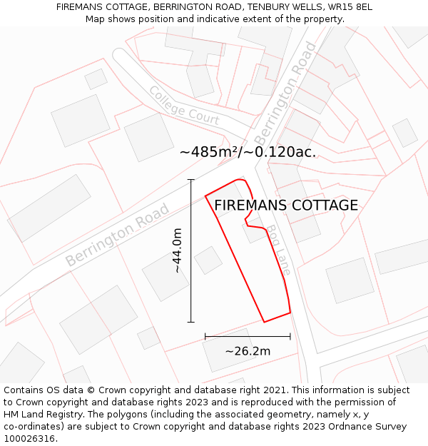 FIREMANS COTTAGE, BERRINGTON ROAD, TENBURY WELLS, WR15 8EL: Plot and title map
