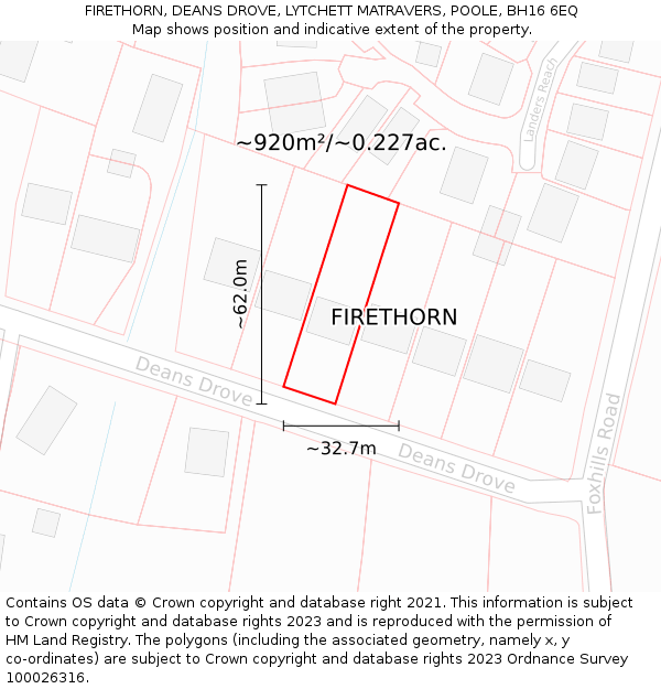 FIRETHORN, DEANS DROVE, LYTCHETT MATRAVERS, POOLE, BH16 6EQ: Plot and title map