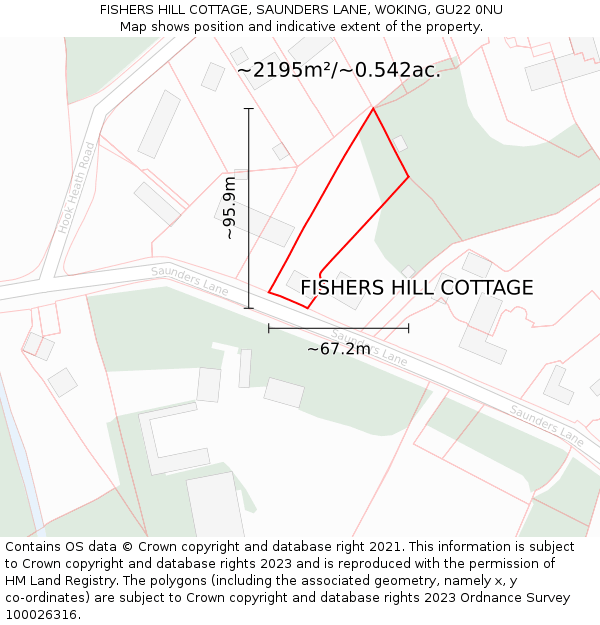 FISHERS HILL COTTAGE, SAUNDERS LANE, WOKING, GU22 0NU: Plot and title map