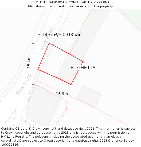 FITCHETTS, PARK ROAD, COMBE, WITNEY, OX29 8NA: Plot and title map