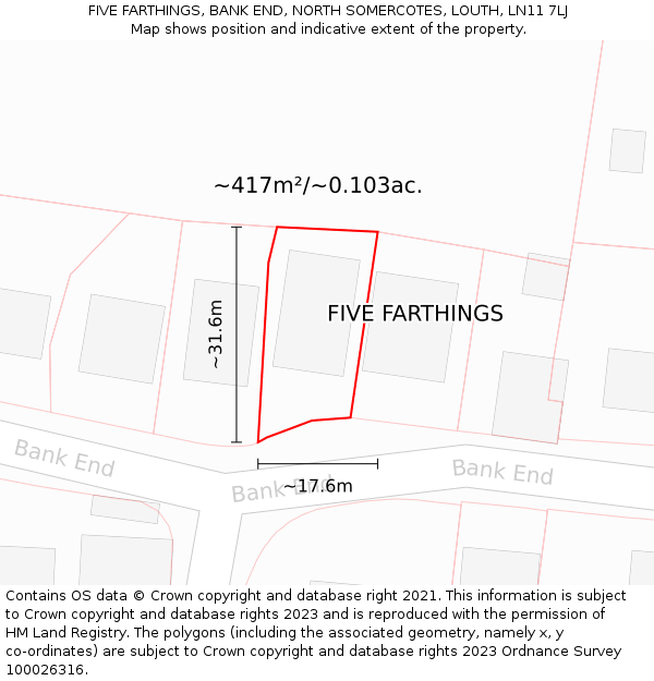 FIVE FARTHINGS, BANK END, NORTH SOMERCOTES, LOUTH, LN11 7LJ: Plot and title map