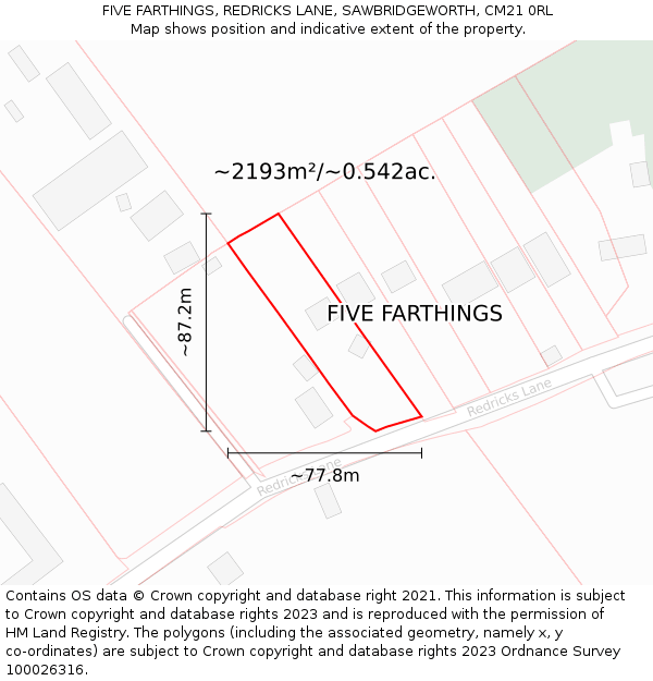 FIVE FARTHINGS, REDRICKS LANE, SAWBRIDGEWORTH, CM21 0RL: Plot and title map