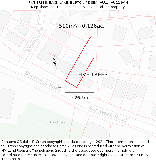 FIVE TREES, BACK LANE, BURTON PIDSEA, HULL, HU12 9AN: Plot and title map