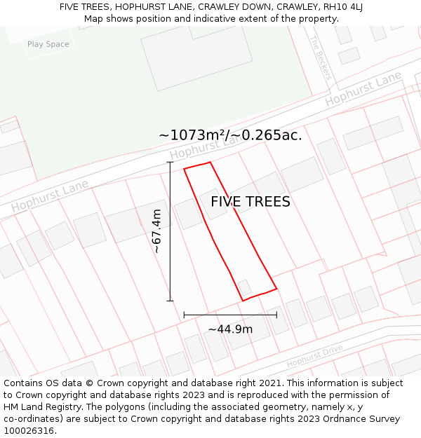 FIVE TREES, HOPHURST LANE, CRAWLEY DOWN, CRAWLEY, RH10 4LJ: Plot and title map