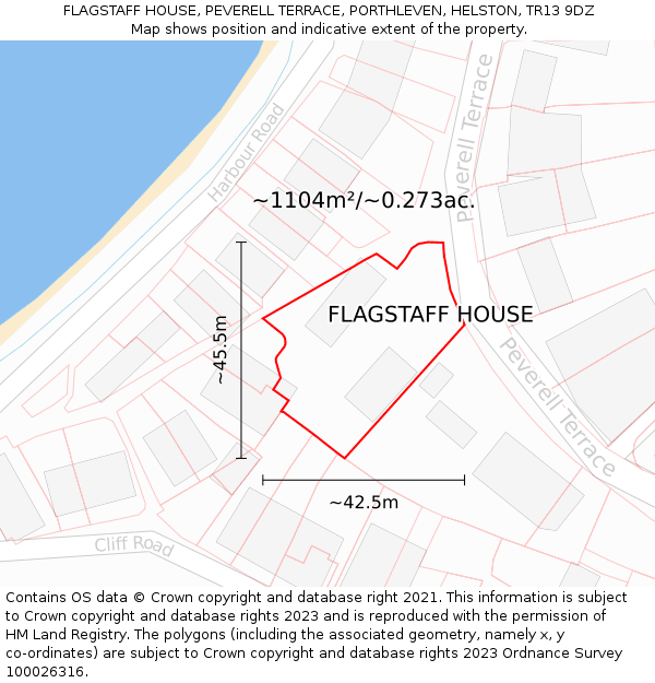 FLAGSTAFF HOUSE, PEVERELL TERRACE, PORTHLEVEN, HELSTON, TR13 9DZ: Plot and title map