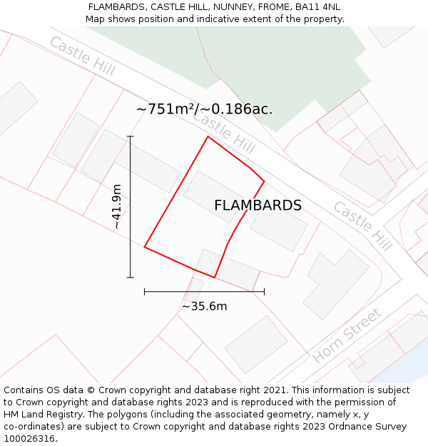 FLAMBARDS, CASTLE HILL, NUNNEY, FROME, BA11 4NL: Plot and title map