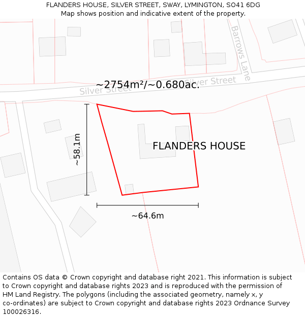 FLANDERS HOUSE, SILVER STREET, SWAY, LYMINGTON, SO41 6DG: Plot and title map