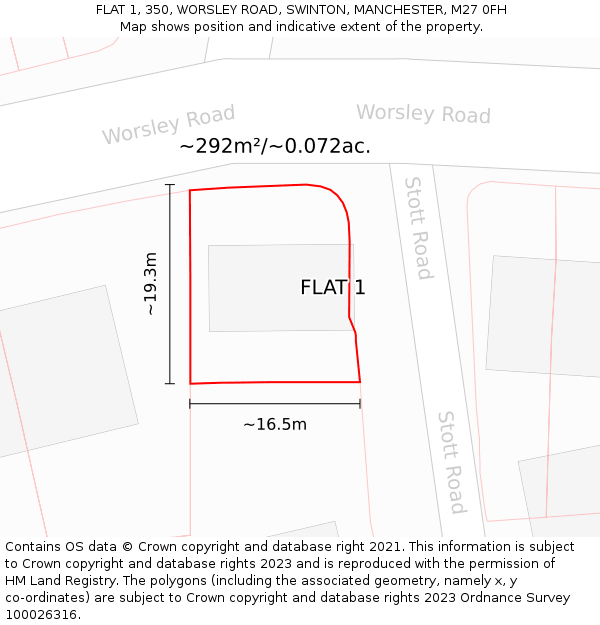 FLAT 1, 350, WORSLEY ROAD, SWINTON, MANCHESTER, M27 0FH: Plot and title map