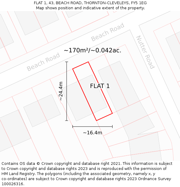FLAT 1, 43, BEACH ROAD, THORNTON-CLEVELEYS, FY5 1EG: Plot and title map
