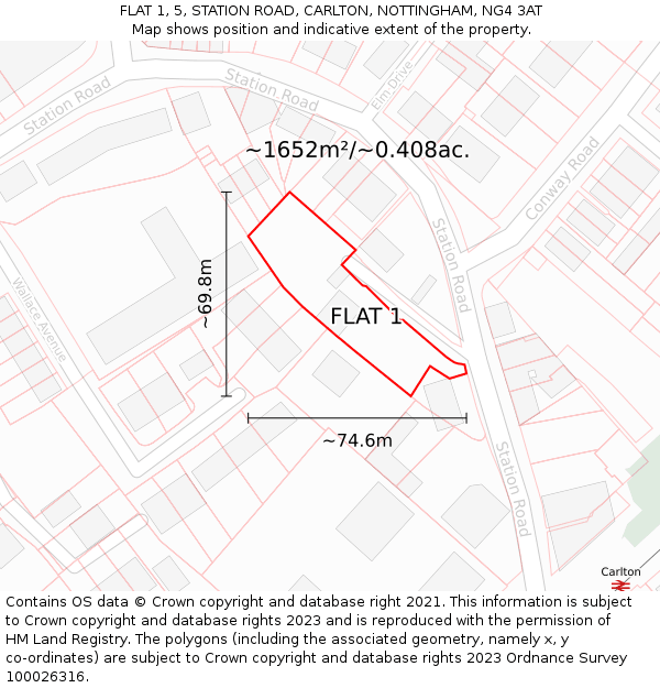 FLAT 1, 5, STATION ROAD, CARLTON, NOTTINGHAM, NG4 3AT: Plot and title map