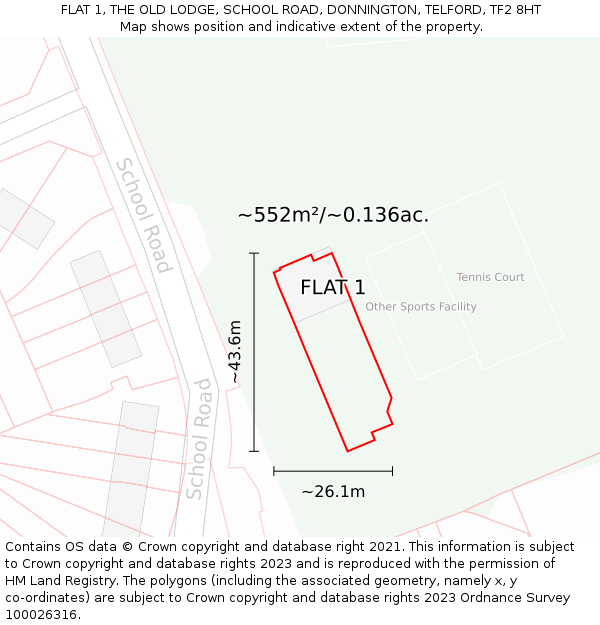 FLAT 1, THE OLD LODGE, SCHOOL ROAD, DONNINGTON, TELFORD, TF2 8HT: Plot and title map