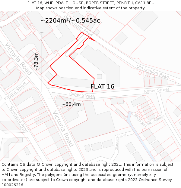 FLAT 16, WHELPDALE HOUSE, ROPER STREET, PENRITH, CA11 8EU: Plot and title map