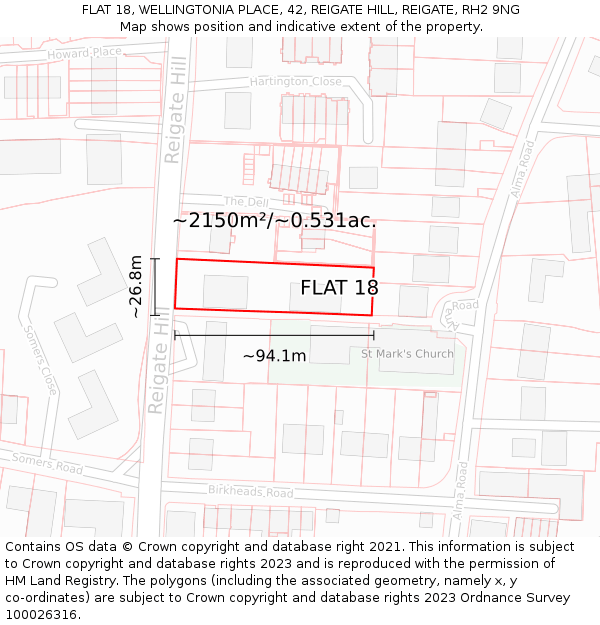 FLAT 18, WELLINGTONIA PLACE, 42, REIGATE HILL, REIGATE, RH2 9NG: Plot and title map