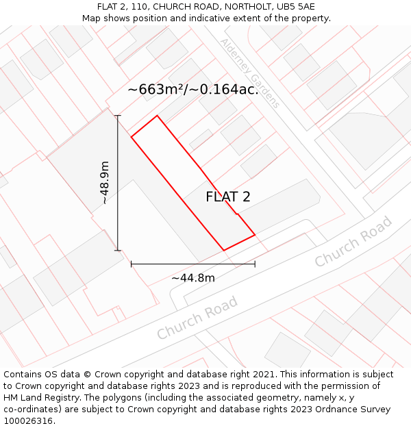 FLAT 2, 110, CHURCH ROAD, NORTHOLT, UB5 5AE: Plot and title map