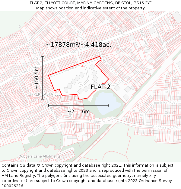 FLAT 2, ELLYOTT COURT, MARINA GARDENS, BRISTOL, BS16 3YF: Plot and title map