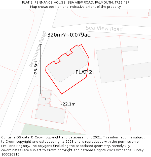 FLAT 2, PENNANCE HOUSE, SEA VIEW ROAD, FALMOUTH, TR11 4EF: Plot and title map