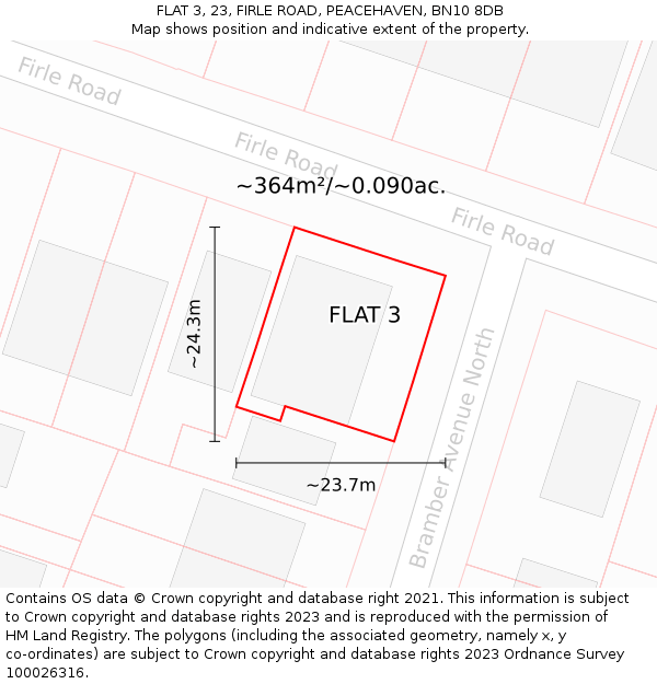 FLAT 3, 23, FIRLE ROAD, PEACEHAVEN, BN10 8DB: Plot and title map