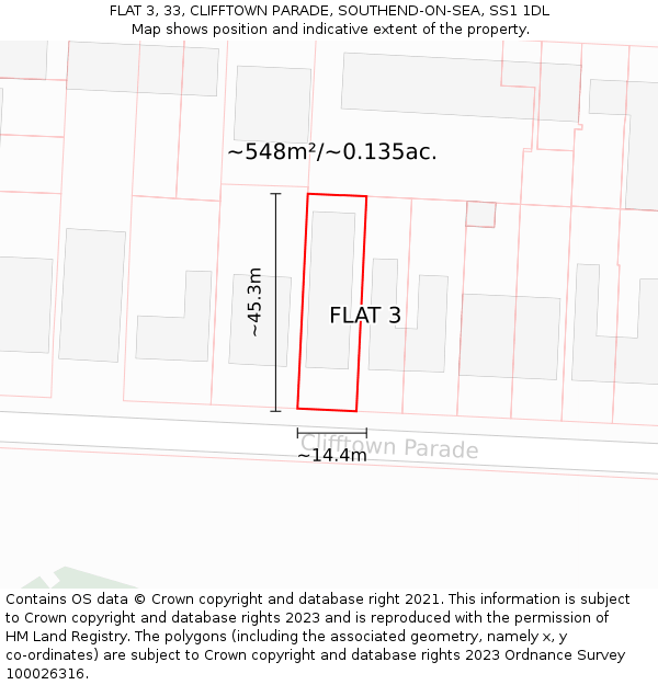 FLAT 3, 33, CLIFFTOWN PARADE, SOUTHEND-ON-SEA, SS1 1DL: Plot and title map