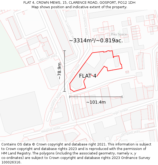 FLAT 4, CROWN MEWS, 15, CLARENCE ROAD, GOSPORT, PO12 1DH: Plot and title map