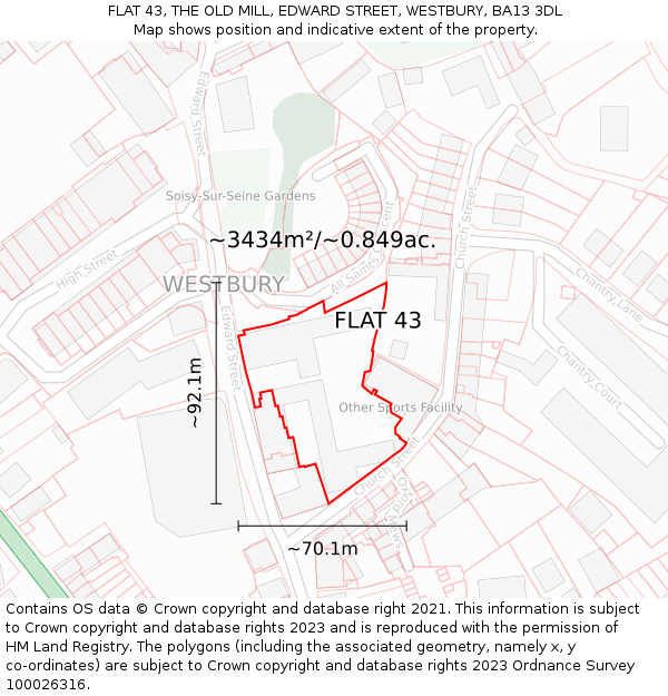 FLAT 43, THE OLD MILL, EDWARD STREET, WESTBURY, BA13 3DL: Plot and title map