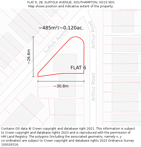 FLAT 6, 28, SUFFOLK AVENUE, SOUTHAMPTON, SO15 5EG: Plot and title map