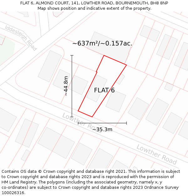 FLAT 6, ALMOND COURT, 141, LOWTHER ROAD, BOURNEMOUTH, BH8 8NP: Plot and title map