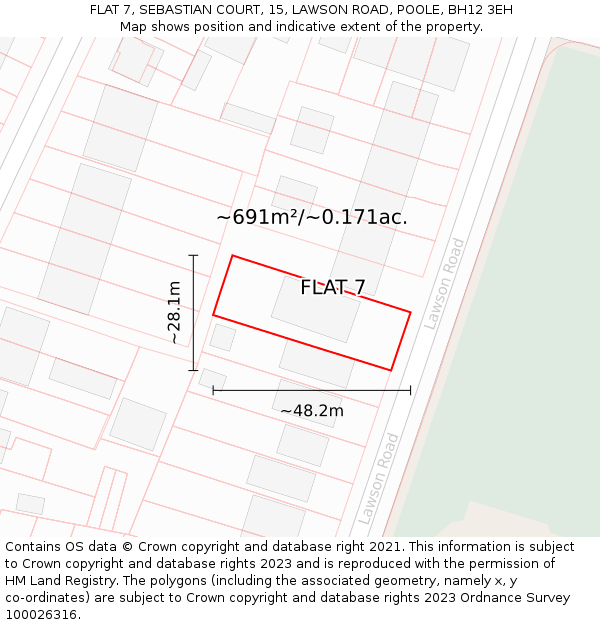 FLAT 7, SEBASTIAN COURT, 15, LAWSON ROAD, POOLE, BH12 3EH: Plot and title map