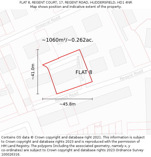 FLAT 8, REGENT COURT, 17, REGENT ROAD, HUDDERSFIELD, HD1 4NR: Plot and title map