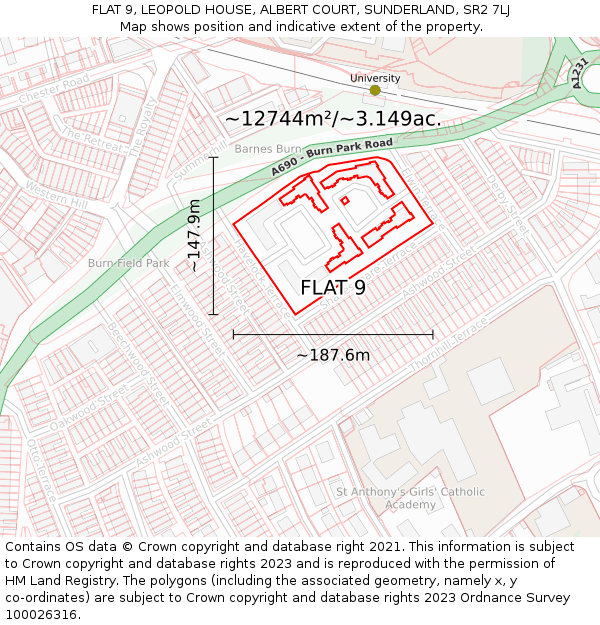 FLAT 9, LEOPOLD HOUSE, ALBERT COURT, SUNDERLAND, SR2 7LJ: Plot and title map