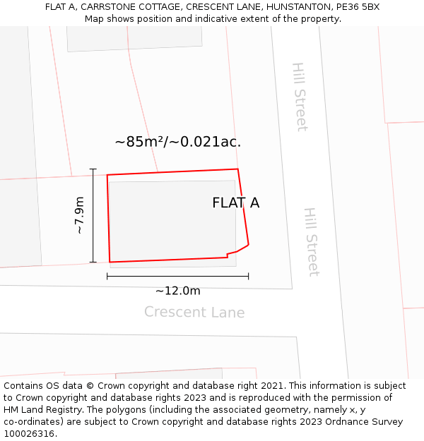 FLAT A, CARRSTONE COTTAGE, CRESCENT LANE, HUNSTANTON, PE36 5BX: Plot and title map