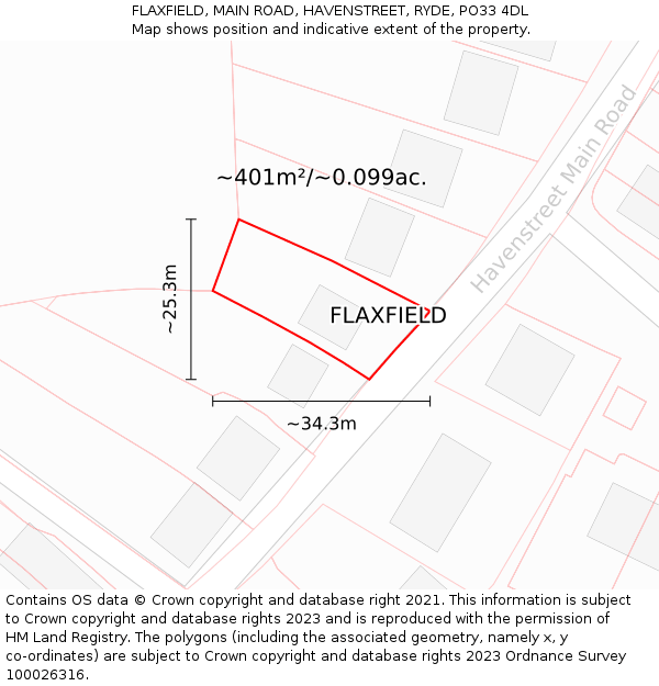 FLAXFIELD, MAIN ROAD, HAVENSTREET, RYDE, PO33 4DL: Plot and title map