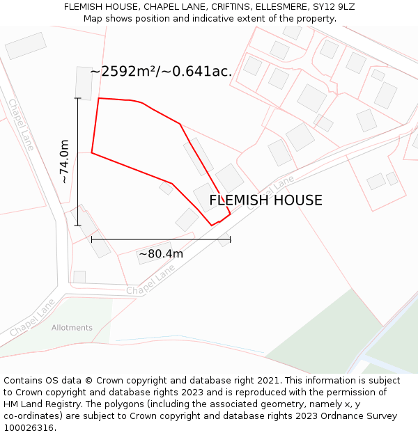 FLEMISH HOUSE, CHAPEL LANE, CRIFTINS, ELLESMERE, SY12 9LZ: Plot and title map